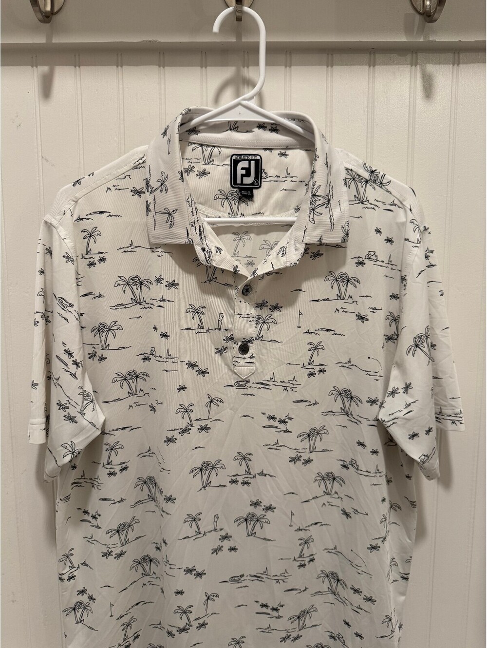 FootJoy Athletic Fit Large White Polo Shirt with Black Tropical Print